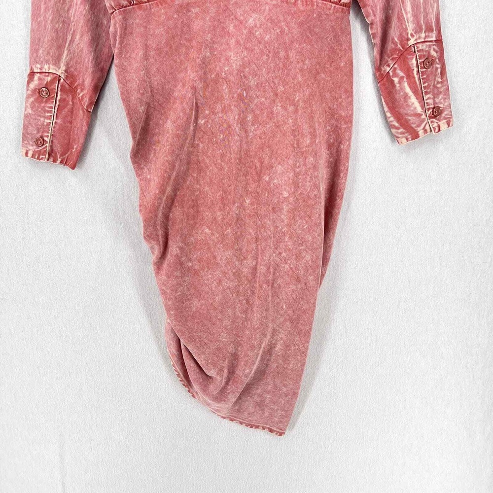 YOUNG FABULOUS BROKE Midi Dress Women Small Pink Acid Wash Ruched Western Shirt - Picture 8 of 16